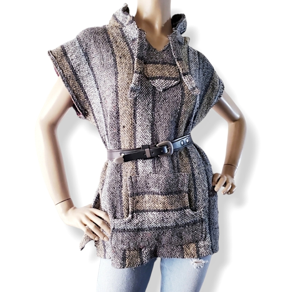 Vintage 90s Sleeveless Baja Hoodie Striped Front Pouch Pocket Sweater by Vel-Mex